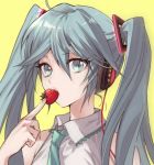  1girl aqua_eyes aqua_hair bare_shoulders eating food fruit green_nails green_necktie hatsune_miku headphones highres looking_at_viewer maruchi nail_polish necktie portrait short_hair_with_long_locks sleeveless solo strawberry twintails vocaloid yellow_background 