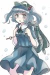  1girl backpack bag belt black_bow black_bowtie blue_dress blue_eyes blue_hair blush bow bowtie cowboy_shot dress eyebrows eyebrows_visible_through_hair flat_cap green_hat hair_bobbles hair_ornament hat jewelry kawashiro_nitori key long_sleeves looking_at_viewer miyakure necklace pocket short_hair simple_background solo standing sweatdrop touhou twintails water water_drop white_background wing_collar 
