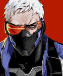  1boy blue_eyes broken_glasses broken_mask jacket male_focus mask overwatch red_background serious short_hair simple_background soldier:_76_(overwatch) solo white_hair 