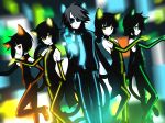  1boy 4girls :o ahoge animal_ears bangs black_hair blunt_bangs boots cat_ears cat_tail ding gerat gloves glowing green_eyes hair_between_eyes hand_on_hip high_heel_boots high_heels highres leg_lift long_hair looking_at_viewer low-tied_long_hair multicolored_hair multiple_girls muraji0419 necktie nein_(album) orange_eyes outstretched_arm outstretched_hand r.e.v.o rohre scarf schau short_hair silver_hair smile sound_horizon sunglasses tail two-tone_hair white_skin yellow_eyes 
