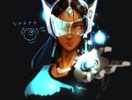  1girl black_hair dark_skin face forehead_jewel headgear jewelry lips long_hair looking_at_viewer mechanical_arm necklace orb overwatch solo symmetra_(overwatch) visor yellow_eyes 