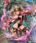  1girl :q animal_ears arrow bow_(weapon) breasts granblue_fantasy hair_ornament highres lee_hyeseung long_hair metella_(granblue_fantasy) mole mole_under_mouth one_eye_closed see-through shingeki_no_bahamut smile solo thigh-highs tongue tongue_out twintails weapon 