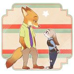    1boy 1girl arms_behind_back ayu_(mog) fox full_body furry half-closed_eyes hands_in_pockets height_difference judy_hopps necktie nick_wilde police police_uniform profile rabbit smile standing star uniform zootopia 