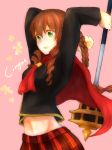  1girl absurdres blush braid brown_hair capelet character_name cinque_(fft-0) drill_hair final_fantasy final_fantasy_type-0 flower green_eyes highres long_hair mace midriff navel pink_background simple_background skirt weapon yuunan 