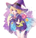  1girl :d blonde_hair blush boots bow building cape crescent crystal dress full_body gloves green_bow green_ribbon hat heart holding holding_wand jikgu mieux_vanilla open_mouth purple_boots purple_dress purple_gloves ribbon smile solo sparkle sugar_sugar_rune violet_eyes white_background witch_hat 