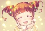  1girl :d ^_^ brown_hair closed_eyes dokidoki!_precure double_bun hands_on_own_cheeks hands_on_own_face open_mouth precure short_hair smile solo upper_body urbandusk yotsuba_alice 