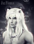  1boy animal_ears artist_name bead_bracelet cat_ears character_name chromatic_aberration elena_ivlyushkina greyscale inuyasha inuyasha_(character) male_focus monochrome muscle realistic shirtless solo spot_color upper_body yellow_eyes 