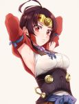  1girl arm_ribbon armpits arms_up blue_ribbon breasts brown_hair choker closed_mouth corset eyelashes headpiece koutetsujou_no_kabaneri long_sleeves looking_at_viewer mumei_(kabaneri) pout purple_ribbon red_eyes ribbon ribbon_choker sasakura34 short_hair simple_background solo topknot upper_body 