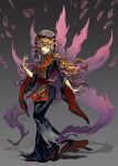  1girl arlmuffin black_dress blonde_hair chinese_clothes crescent dress energy fire fox_tail full_body hat highres junko_(touhou) long_hair long_sleeves open_mouth red_eyes sash shards solo tabard tail touhou very_long_hair wide_sleeves 