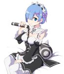  1girl black_dress blue_eyes blue_hair blush breasts commentary_request detached_sleeves dress flail frills hair_ornament hair_over_one_eye looking_at_viewer maid morning_star nanashino re:zero_kara_hajimeru_isekai_seikatsu rem_(re:zero) short_hair sitting smile solo thigh-highs weapon white_legwear x_hair_ornament 