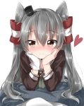  1girl :o ^_^ amatsukaze_(kantai_collection) bangs black_hat blush brown_eyes brown_shirt closed_eyes closed_mouth cravat dress eyebrows eyebrows_visible_through_hair gloves grey_hair hair_between_eyes hair_tubes hairband hands_on_own_cheeks hands_on_own_face hat head_rest headgear heart highres kantai_collection lifebuoy long_hair long_sleeves looking_at_viewer lying pentagon_(railgun_ky1206) sailor_dress shirt silver_hair simple_background single_glove smile solo striped two_side_up upper_body white_background white_gloves windsock 