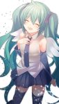  1girl ^_^ ^o^ absurdres ahoge angel_wings arm_at_side bare_shoulders black_legwear black_skirt blue_hair blue_necktie blush closed_eyes collared_shirt detached_sleeves eyebrows eyebrows_visible_through_hair grey_shirt hair_ribbon hand_on_own_chest hatsune_miku head_tilt highres long_hair long_sleeves mofuruo necktie pleated_skirt purple_ribbon ribbon shirt simple_background skirt solo standing thigh-highs twintails very_long_hair vocaloid white_background white_wings wide_sleeves wing_collar wings zettai_ryouiki 