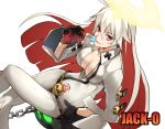  1girl black_gloves breasts candy character_name cleavage gloves guilty_gear guilty_gear_xrd halo jack-o_(guilty_gear) lollipop long_hair looking_at_viewer nanasi69 pink_eyes redhead solo white_hair 