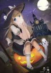  1girl apron blonde_hair blue_eyes broom castle cha_jun chin_rest dated dutch_angle full_moon ghost grave halloween hat highres jack-o&#039;-lantern kirisame_marisa knees_together_feet_apart moon night night_sky shooting_star signature sitting sky smile socks star star-shaped_pupils symbol-shaped_pupils touhou waist_apron witch_hat 