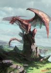  claws clouds cloudy_sky commentary_request creature dragon fantasy grass highres horns landscape miso_katsu no_humans original river rock scenery sky tail teeth twitter_username water waterfall wings 