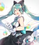  1girl ;d aqua_necktie bare_arms bare_shoulders black_bow black_dress blue_eyes blue_hair blush bow cowboy_shot dress floating_hair foreshortening grey_background hair_bow hatsune_miku headphones long_hair looking_at_viewer magical_mirai_(vocaloid) necktie one_eye_closed open_mouth simple_background sleeveless sleeveless_dress smile solo tatsumi3 twintails very_long_hair vocaloid wind 