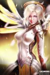  1girl artist_name blonde_hair blue_eyes blush bodysuit breasts gloves high_ponytail highres large_breasts long_hair mechanical_halo mechanical_wings mercy_(overwatch) overwatch pantyhose ponytail short_hair solo staff violet_eyes watermark web_address wings 