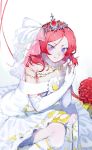  1girl bridal_veil dress elbow_gloves flower gloves highres hoshimawa looking_at_viewer love_live!_school_idol_project nishikino_maki redhead short_hair skirt smile solo tiara veil violet_eyes wedding wedding_dress 