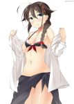  1girl adapted_costume bikini black_hair blue_eyes braid dress_shirt hair_flaps hair_over_shoulder kankitsunabe_(citrus) kantai_collection remodel_(kantai_collection) sarong shigure_(kantai_collection) shirt single_braid swimsuit 