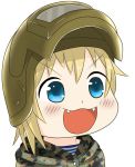  1girl :3 :d blush blush_stickers camouflage chibi commentary dot_nose eyebrows eyebrows_visible_through_hair fangs gyate_gyate hat helmet highres meme military military_hat military_uniform open_mouth russian_clothes smile solo teeth uniform white_background 