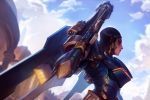  1girl armor artist_name bangs black_hair blue_sky bodysuit braid brown_eyes clouds cloudy_sky dark_skin eyelashes facial_mark facial_tattoo from_side gauntlets gun helmet highres jetpack overwatch pauldrons pharah_(overwatch) power_armor rocket_launcher shoulder_pads side_braid sky solo swept_bangs tattoo turtleneck upper_body weapon 