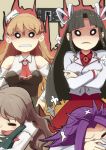  4girls angry bare_shoulders black_hair blonde_hair bottle breasts crossed_arms drunk grey_hair hand_on_hip highres hiyou_(kantai_collection) jun&#039;you_(kantai_collection) kantai_collection long_hair multiple_girls pola_(kantai_collection) purple_hair zara_(kantai_collection) zaru_no_naka_ni_aru_saikoro 