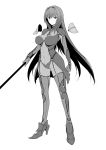  1girl armor bodysuit boots breasts commentary_request covered_navel fate/grand_order fate_(series) greyscale harukon_(halcon) highres holding holding_weapon impossible_bodysuit large_breasts long_hair looking_at_viewer monochrome polearm scathach_(fate/grand_order) shoulder_armor sidelocks sketch skin_tight solo spear thigh-highs thigh_boots weapon white_background 