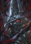  abyss_watcher armor character_name dark_souls dkaki glowing glowing_eyes helmet red_eyes solo souls_(from_software) spaulders white_hair 
