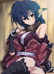  1girl alcohol animal_ears arm_support bare_shoulders blue_eyes blue_hair braid breasts collar fingerless_gloves gloves karura_(utawareru_mono) large_breasts long_hair metal_collar off_shoulder parted_lips shirosame sitting sketch solo tiger_ears utawareru_mono 