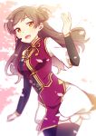  1girl brown_eyes brown_hair cherry_blossoms china_dress chinese_clothes dress idolmaster idolmaster_million_live! kitazawa_shiho long_hair open_mouth smile solo thigh-highs touon 