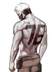  1boy back bare_shoulders belt bodypaint from_behind highres looking_at_viewer looking_back male_focus mask muscle neck number overwatch pants purple_hair short_hair simple_background soldier:_76_(overwatch) solo tool_belt topless white_background white_hair 