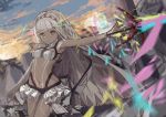  1girl attila_(fate/grand_order) bare_shoulders dark_skin detached_sleeves fate/grand_order fate_(series) highres long_hair looking_at_viewer midriff navel open_mouth red_eyes sketch solo sword veil vicious_kage weapon white_hair 