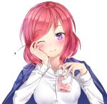  1girl blush collarbone drink eyebrows eyebrows_visible_through_hair hachinatsu hand_on_own_face highres holding_drinking_glass looking_at_viewer love_live!_school_idol_project nishikino_maki one_eye_closed redhead shirt shirt_on_shoulders simple_background smile star violet_eyes white_background white_shirt 