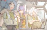  3girls alcohol animal_ears beer between_fingers blue_eyes blue_hair blush budweiser bulletproof_vest can cigarette crossed_arms cube85 drooling english eyepatch fang hair_bobbles hair_ornament headwear_removed helmet helmet_removed highres holding inubashiri_momiji kawashiro_nitori key military military_uniform military_vehicle multiple_girls open_mouth purple_hair red_eyes reisen_udongein_inaba short_hair signature silver_hair sleeping smoke sunlight tail touhou uniform vehicle 