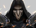  1boy black_jacket coat dual_wielding gun hood hooded_jacket jacket mask overwatch reaper_(overwatch) solo trench_coat upper_body weapon 