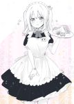  1girl :d alternate_costume apron blush cherry_blossoms enmaided food gloves hair_ribbon highres kantai_collection kashima_(kantai_collection) maid maid_apron maid_headdress monochrome name_tag open_mouth petals plate puffy_short_sleeves puffy_sleeves ribbon sandwich short_sleeves sino_(sionori) smile solo 