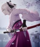  1girl ahoge blonde_hair blurry bracer cherry_blossoms depth_of_field drawing_sword fate/grand_order fate_(series) from_side hair_ribbon hakama haribote_(tarao) japanese_clothes katana petals profile revision ribbon sakura_saber short_hair solo sword weapon wide_sleeves yellow_eyes 