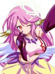  1girl angel_wings breasts crop_top feathered_wings gloves halo jibril_(no_game_no_life) large_breasts long_hair low_wings magic_circle midriff multicolored_eyes navel no_game_no_life one_eye_closed pink_hair shirosame sideboob sketch smile solo v very_long_hair violet_eyes white_wings wing_ears wings yellow_eyes 
