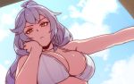  1girl akairiot bare_arms bare_shoulders braid breasts clouds cloudy_sky crop_top face_hold granblue_fantasy large_breasts long_hair looking_at_viewer midriff outstretched_arm serious silva_(granblue_fantasy) silver_hair sky twin_braids upper_body wavy_hair yellow_eyes 
