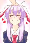  &gt;_&lt; animal_ears blush closed_eyes ear_blush hair happy heart highres jacket lavender_hair long necktie out_of_frame petting rabbit_ears reisen_udongein_inaba shirt smile touhou x) 