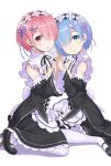  2girls :o bare_shoulders blue_eyes blue_hair detached_sleeves frilled_sleeves frills hair_over_one_eye hair_ribbon headdress holding_hands huyumitsu interlocked_fingers kneeling looking_at_viewer maid multiple_girls pink_hair ram_(re:zero) re:zero_kara_hajimeru_isekai_seikatsu red_eyes rem_(re:zero) ribbon short_hair sitting thigh-highs wariza white_legwear wide_sleeves x_hair_ornament 