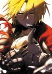  1boy alphonse_elric artist_request blonde_hair edward_elric expressionless fullmetal_alchemist gloves helmet highres long_hair looking_down mechanical_arm prosthesis prosthetic_arm solo torn_clothes yellow_eyes 