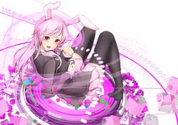  1girl animal_ears black_legwear blazer breasts collared_shirt cube danmaku finger_gun jacket light_trail long_hair long_sleeves looking_at_viewer no_shoes open_mouth pink_skirt pleated_skirt purple_hair rabbit_ears radiosity_(yousei) red_eyes reisen_udongein_inaba revision shirt simple_background skirt solo thigh-highs thighs touhou white_background white_shirt 