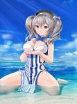  1girl barefoot beret blue_eyes body_blush breasts cleavage clouds hat highres holding kantai_collection kashima_(kantai_collection) kneeling large_breasts long_hair looking_at_viewer miyabi_(miyabi_r18) partially_submerged pelvic_curtain shiny shiny_skin silver_hair sky sleeveless smile solo striped sunlight twintails vertical_stripes water 