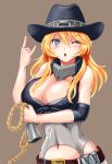  1girl bell blonde_hair blue_eyes breasts cleavage cow_bell cowboy_hat hat highres index_finger_raised iowa_(kantai_collection) kantai_collection long_hair maboroshi_dandy no_gloves one_eye_closed rope 
