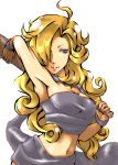  1girl ayla_(chrono_trigger) blonde_hair blue_eyes breasts chrono_trigger cleavage curly_hair hand_on_hip long_hair looking_at_viewer solo 