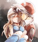  1boy 1girl atom_(@tom) black_hair black_shirt blue_(pokemon) blue_shirt blue_socks blush brown_hair closed_eyes fingerless_gloves hat headwear pokemon pokemon_special princess_carry red_(pokemon) red_eyes red_jacket tears 