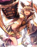  1girl ;d animal_ears bare_shoulders fangs granblue_fantasy highres hrtyuk long_hair looking_at_viewer navel one_eye_closed open_mouth orange_eyes sen_(granblue_fantasy) silver_hair simple_background smile solo very_long_hair white_background 
