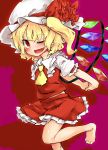  ascot barefoot commentary_request crystal flandre_scarlet harry_(namayake) hat hat_ribbon highres mob_cap one_eye_closed puffy_short_sleeves puffy_sleeves red_eyes ribbon short_sleeves side_ponytail skirt skirt_set touhou wings 
