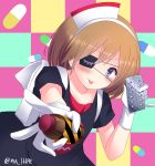  1girl :p backpack bag bangs blush bottle brown_hair checkered checkered_background collarbone eyebrows eyebrows_visible_through_hair eyepatch gloves grey_eyes hairband highres holding looking_at_viewer muraji0419 original outstretched_arm pill short_hair short_sleeves solo tongue tongue_out twitter_username 